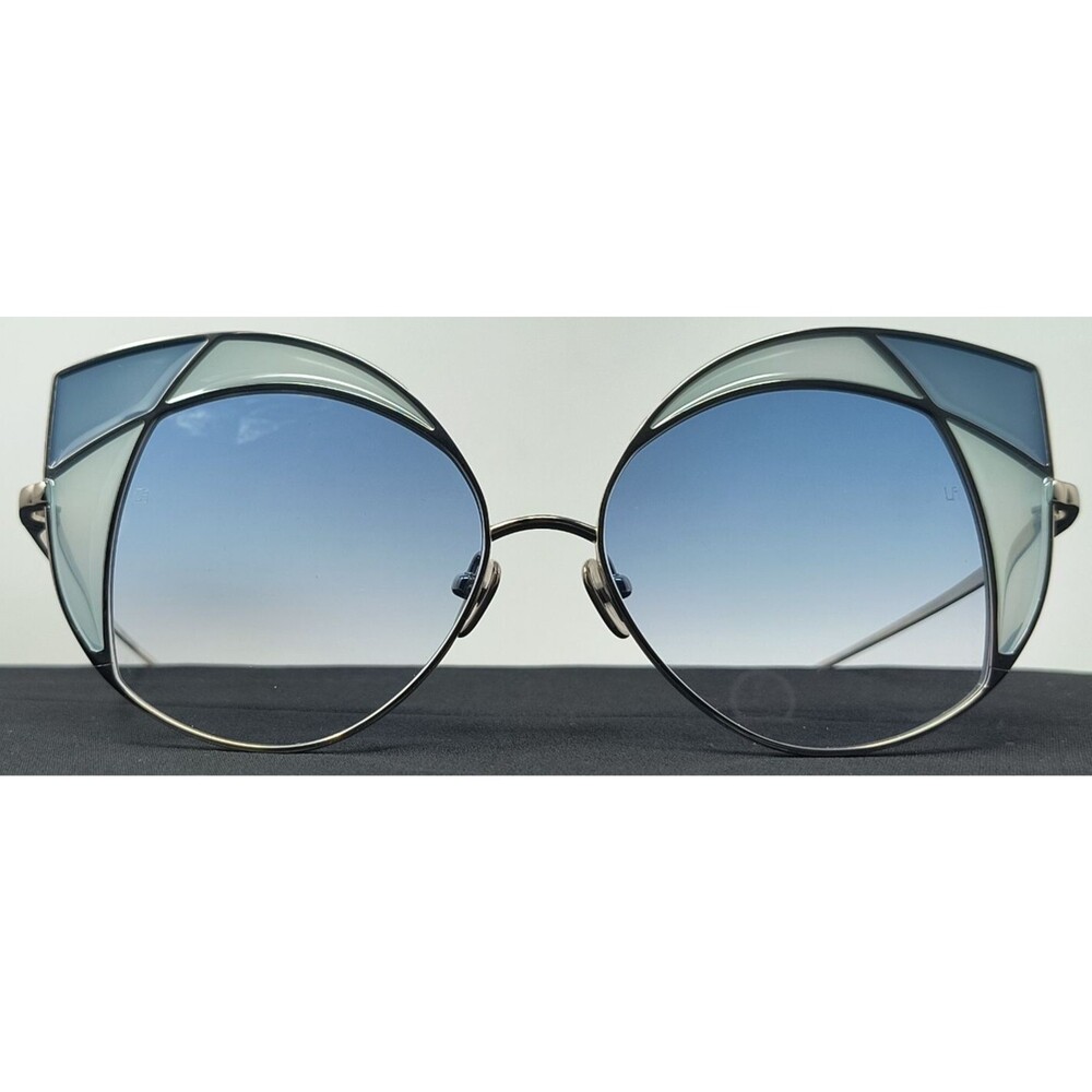 Linda Farrow 856 C7 Oversized Cat‎ Eye Sunglasses Silver And Blue Titanium Frame